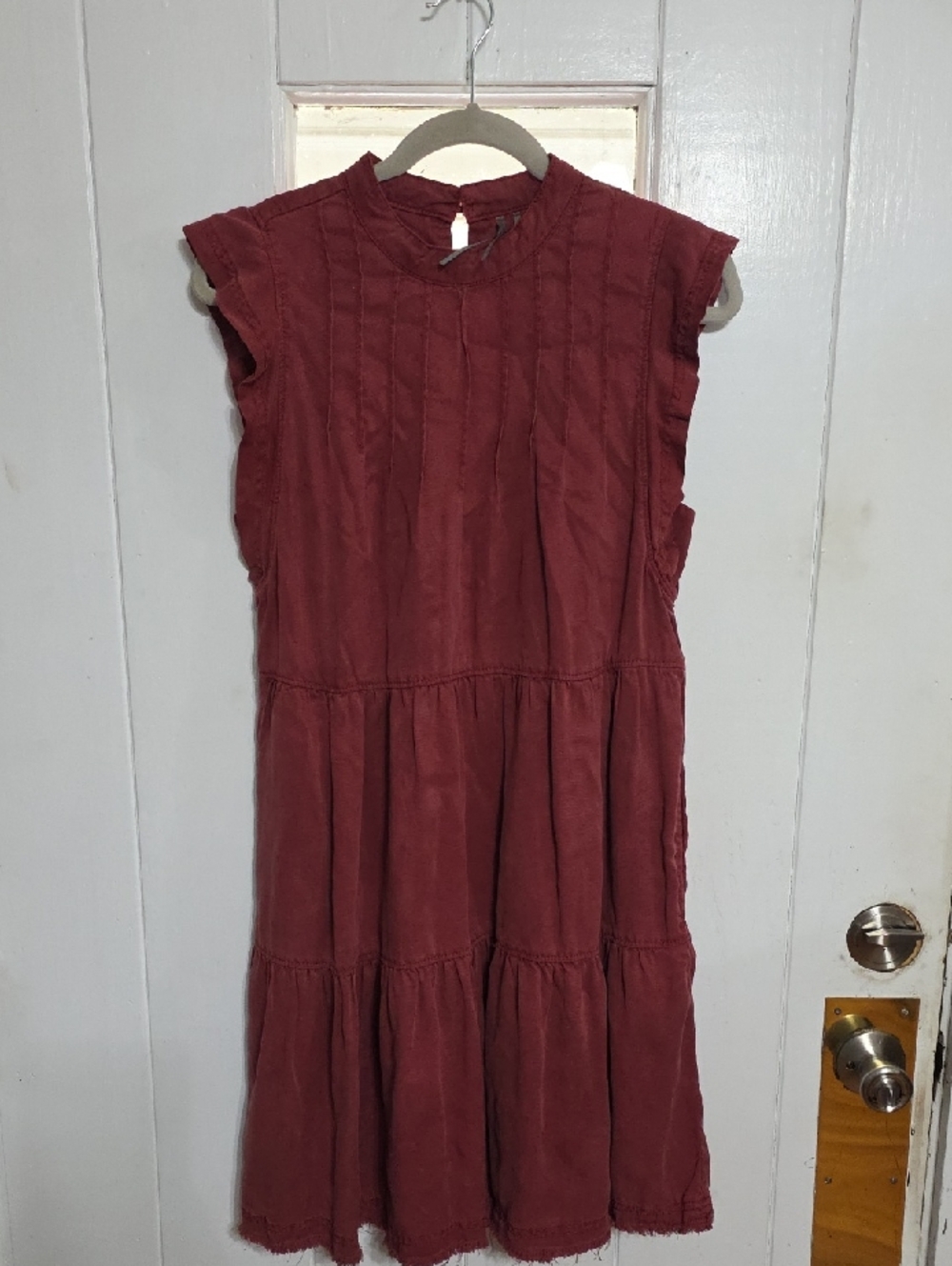 By Anthropologie Women's Dress Burgundy Pleated Cotton Frayed Pockets Sz S EUC